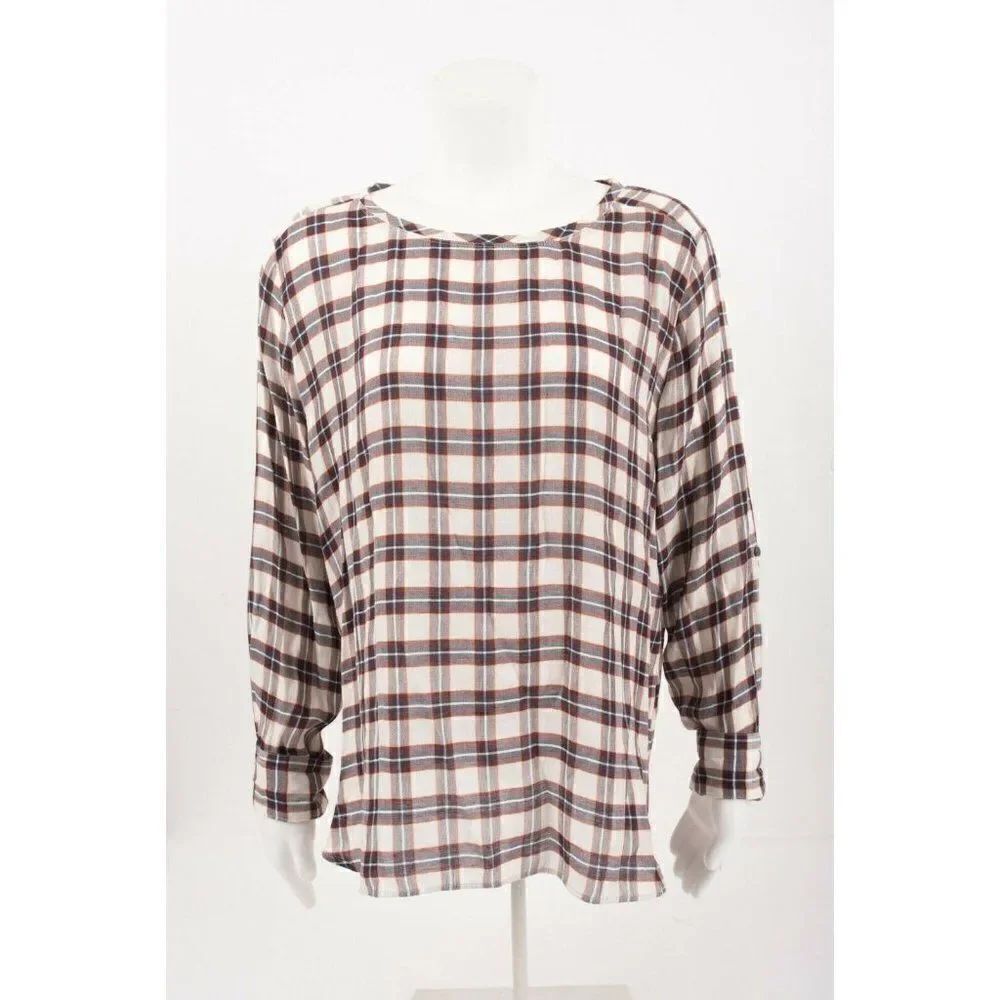 Loft The Softened Womens Shirt Blouse Top Size M Navy Blue Plaid Long Sleeve